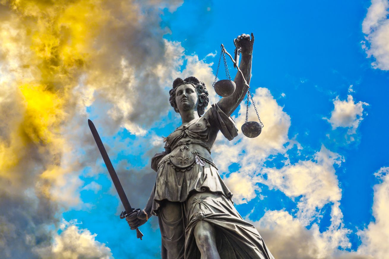 Statue of Lady Justice in front of the Romer in Frankfurt - Germany