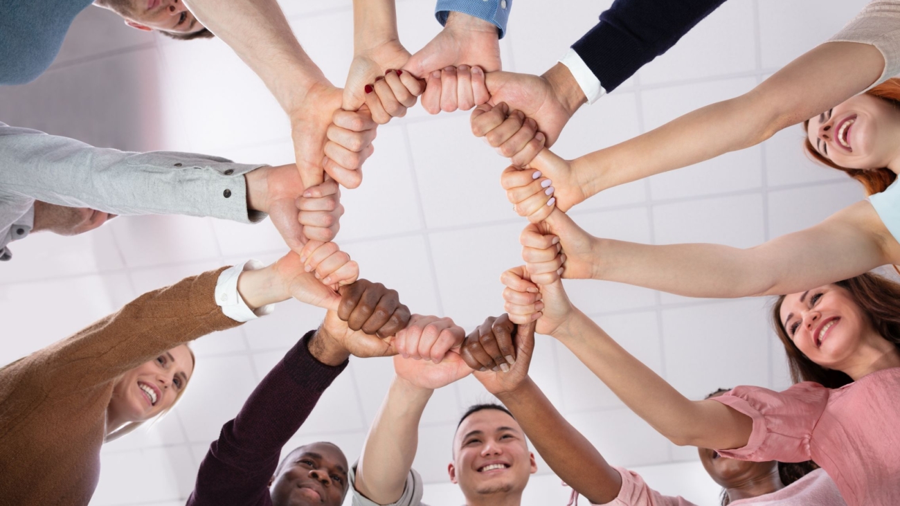 © Andrey Popov  ADOBE STOCK - 274489920   Multi-ethnic Group Of People  Holding Each Other Thumbs Forming Circle