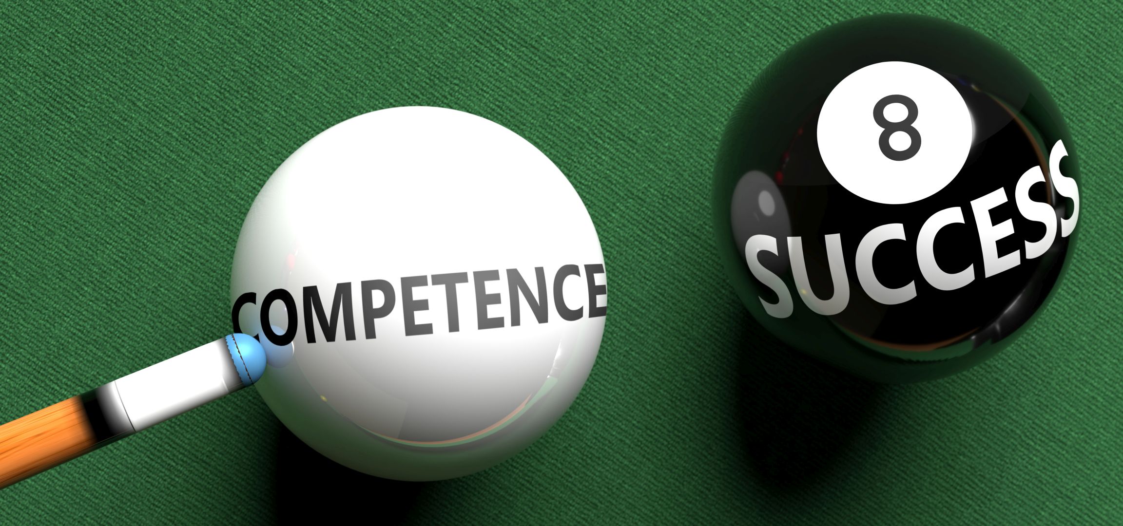 Competence brings success - pictured as word Competence on a pool ball, to symbolize that Competence can initiate success, 3d illustration