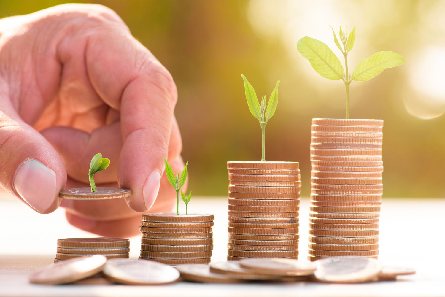 Close up of male hand stacking gold coins with green bokeh background ,Business Finance and Money concept,Save money for prepare in the future.Trees growing on coin