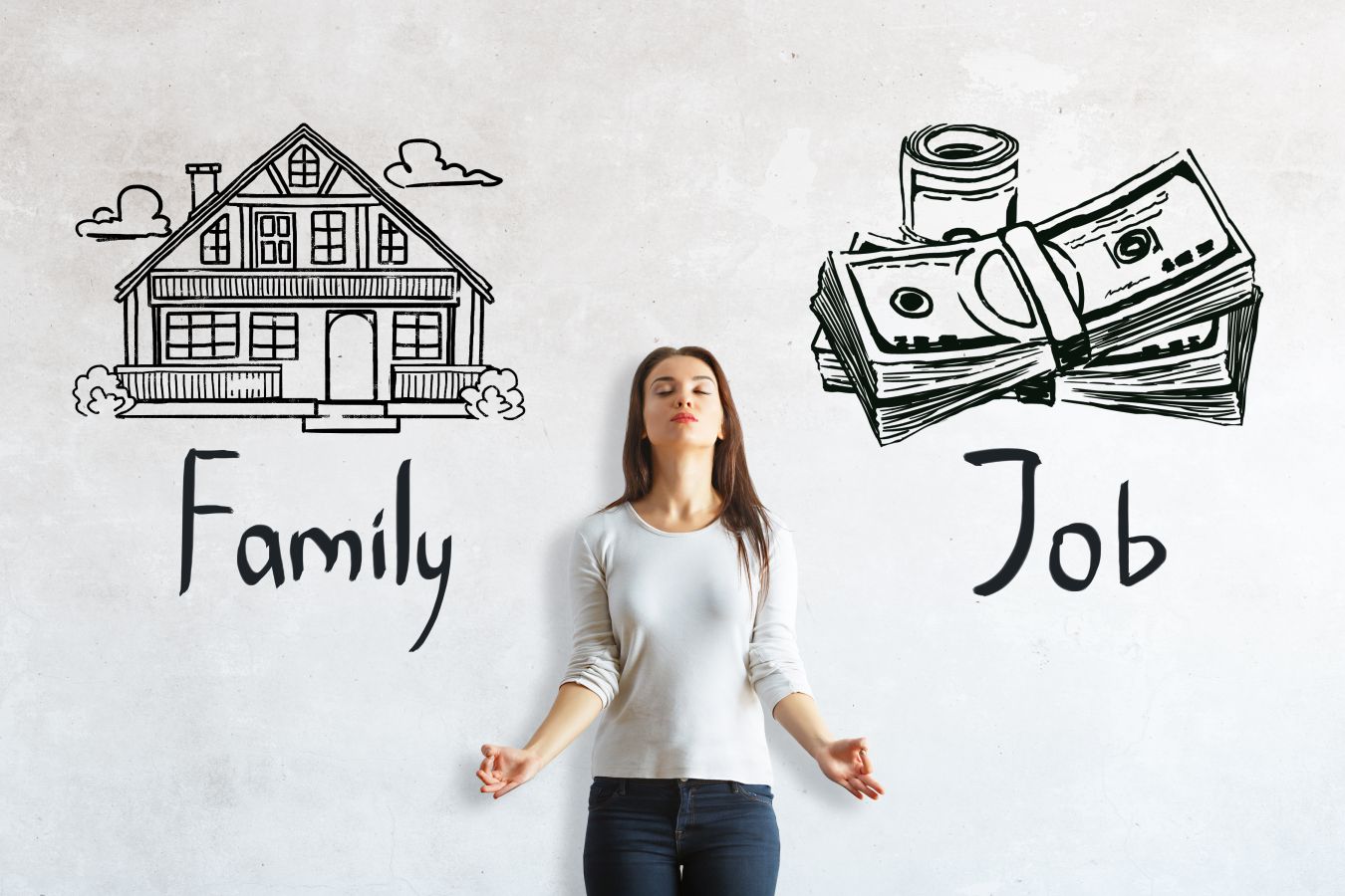 Meditating young european woman on concrete background with house and money sketch. Choice between work and family